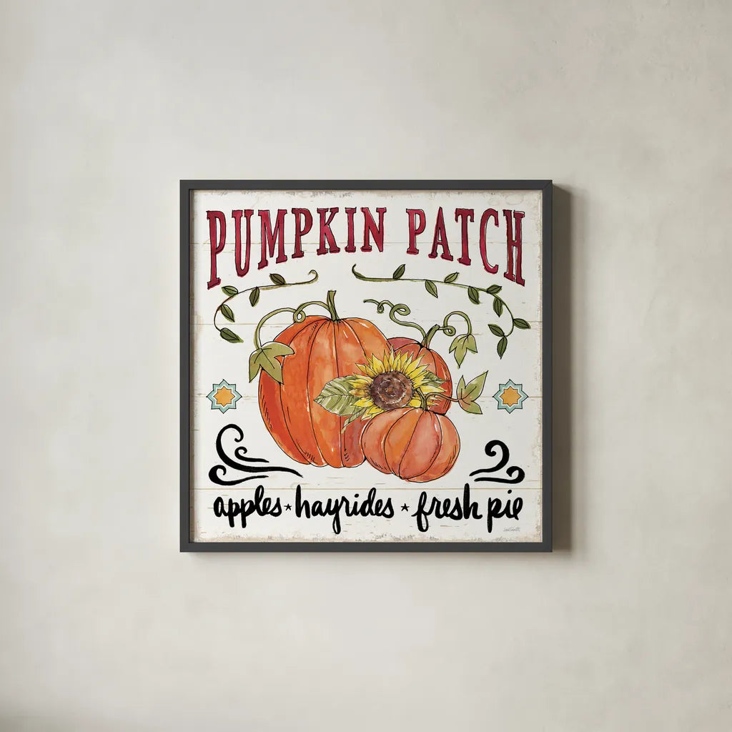 Harvest Times VII Sunflower by Anne Tavoletti. Shown in a sleek black glass frame for a contemporary gallery look. Available as an archival giclee rolled canvas, fine art paper, or poster print. SKU 58593a.