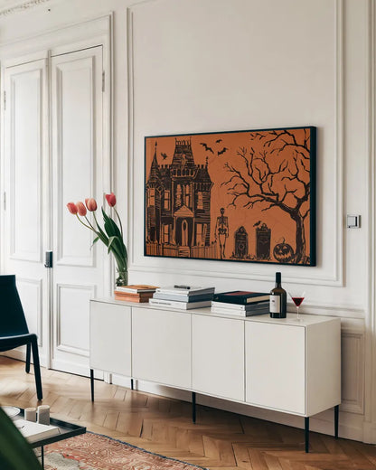 Haunted I by Anne Tavoletti. shown as a framed stretched canvas in a living room above a console. Available as a archival giclee rolled canvas, fine art paper, or poster print. SKU 80936i.