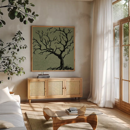Haunted V by Anne Tavoletti. Shown in a natural wood frame in a cozy modern living room. Available as an archival giclee rolled canvas, fine art paper, or poster print. SKU 80940a.