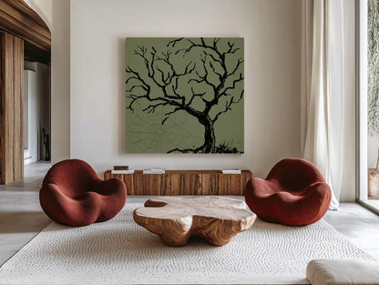 Haunted V by Anne Tavoletti. Shown as extra-large giant wall art in a modern living room. Available as an archival giclee rolled canvas, fine art paper, or poster print. SKU 80940a.