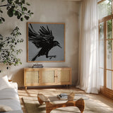 Haunted VI by Anne Tavoletti. Shown in a natural wood frame in a cozy modern living room. Available as an archival giclee rolled canvas, fine art paper, or poster print. SKU 80941a.