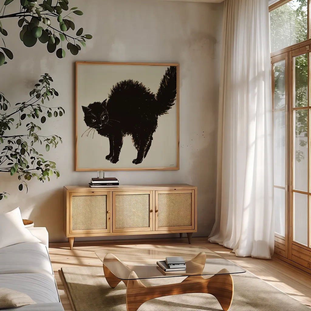 Haunted VII on Cream by Anne Tavoletti. Shown in a natural wood frame in a cozy modern living room. Available as an archival giclee rolled canvas, fine art paper, or poster print. SKU 90752a.