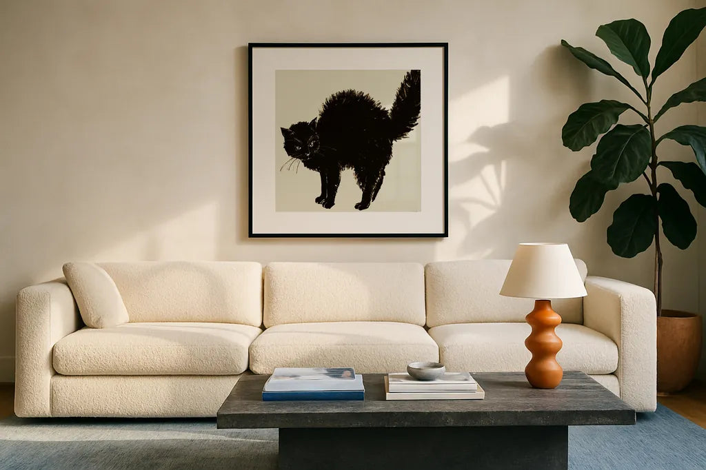 Haunted VII on Cream by Anne Tavoletti. Displayed in a glass frame with matte in a clean modern living room. Available as an archival giclee rolled canvas, fine art paper, or poster print. SKU 90752a.