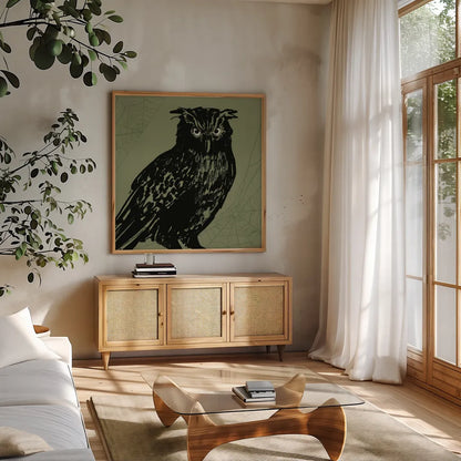 Haunted X by Anne Tavoletti. Shown in a natural wood frame in a cozy modern living room. Available as an archival giclee rolled canvas, fine art paper, or poster print. SKU 80945a.