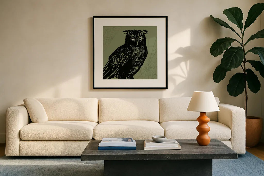 Haunted X by Anne Tavoletti. Displayed in a glass frame with matte in a clean modern living room. Available as an archival giclee rolled canvas, fine art paper, or poster print. SKU 80945a.