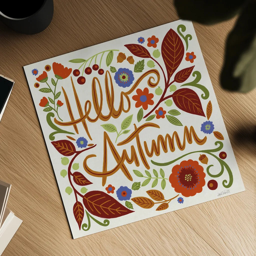 Hello Autumn I by Anne Tavoletti. Shown as a detailed flat fine art print, highlighting archival giclee quality. Available as an archival giclee rolled canvas, fine art paper, or poster print. SKU 74880a.