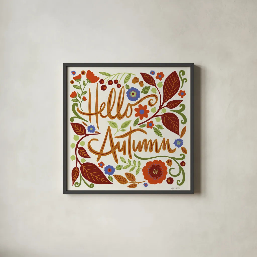 Hello Autumn I by Anne Tavoletti. Shown in a sleek black glass frame for a contemporary gallery look. Available as an archival giclee rolled canvas, fine art paper, or poster print. SKU 74880a.
