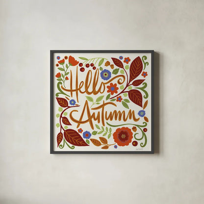 Hello Autumn I by Anne Tavoletti. Shown in a sleek black glass frame for a contemporary gallery look. Available as an archival giclee rolled canvas, fine art paper, or poster print. SKU 74880a.