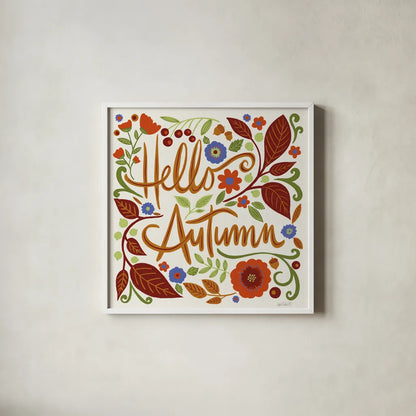 Hello Autumn I by Anne Tavoletti. Shown in a crisp white glass frame for a clean and minimalist style. Available as an archival giclee rolled canvas, fine art paper, or poster print. SKU 74880a.