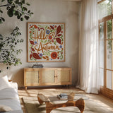 Hello Autumn I by Anne Tavoletti. Shown in a natural wood frame in a cozy modern living room. Available as an archival giclee rolled canvas, fine art paper, or poster print. SKU 74880a.