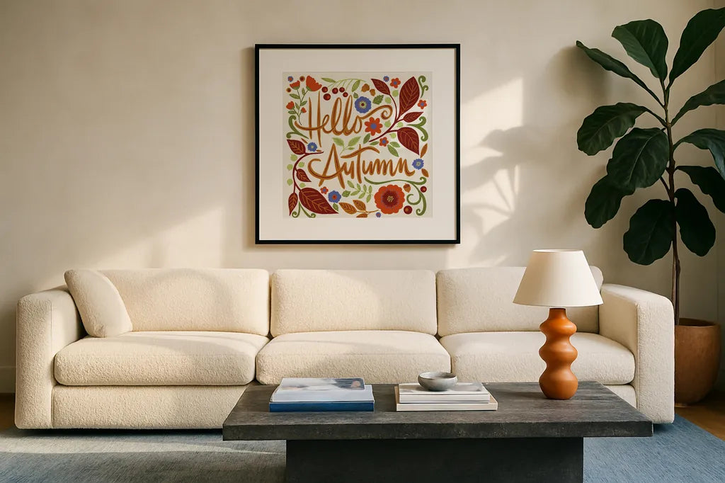 Hello Autumn I by Anne Tavoletti. Displayed in a glass frame with matte in a clean modern living room. Available as an archival giclee rolled canvas, fine art paper, or poster print. SKU 74880a.
