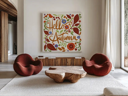 Hello Autumn I by Anne Tavoletti. Shown as extra-large giant wall art in a modern living room. Available as an archival giclee rolled canvas, fine art paper, or poster print. SKU 74880a.