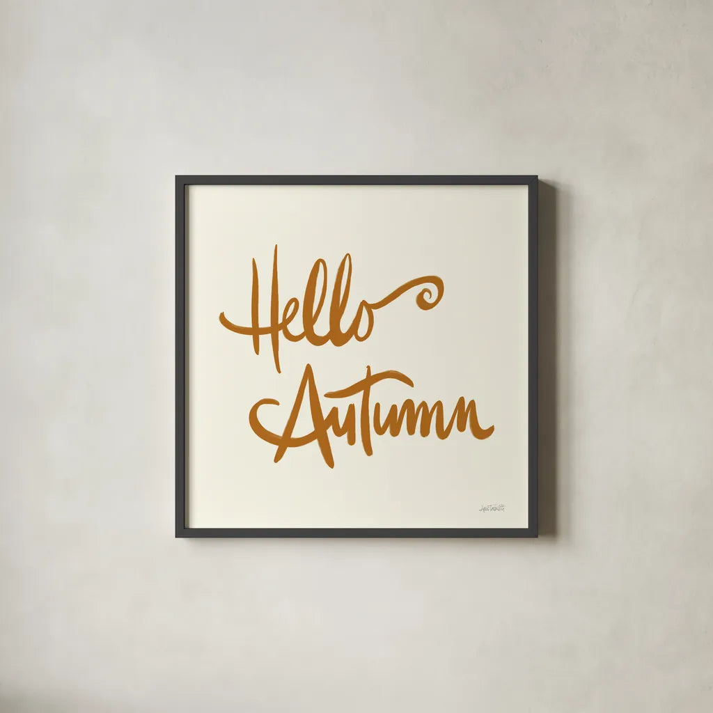 Hello Autumn I on Cream by Anne Tavoletti. Shown in a sleek black glass frame for a contemporary gallery look. Available as an archival giclee rolled canvas, fine art paper, or poster print. SKU 75093a.
