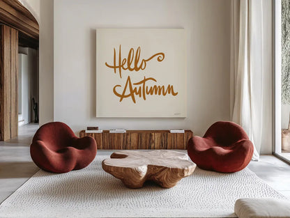 Hello Autumn I on Cream by Anne Tavoletti. Shown as extra-large giant wall art in a modern living room. Available as an archival giclee rolled canvas, fine art paper, or poster print. SKU 75093a.