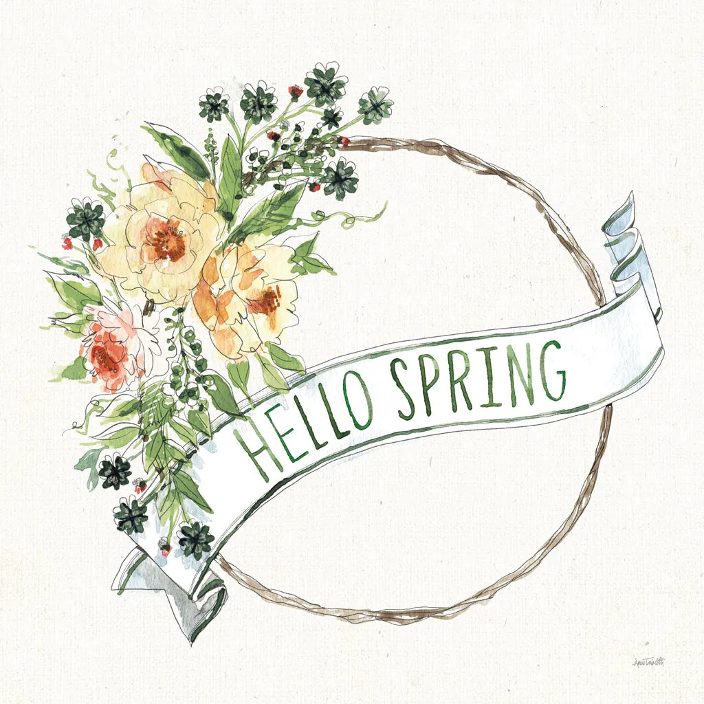 Hello Spring Wreath by Anne Tavoletti. SKU 70512a. Archival Giclee Fine art print for wall decor.