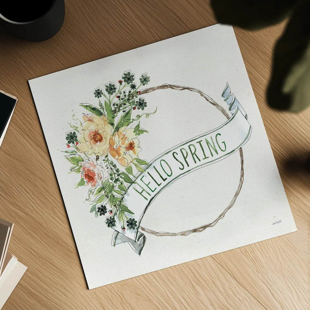 Hello Spring Wreath by Anne Tavoletti. Shown as a detailed flat fine art print, highlighting archival giclee quality. Available as an archival giclee rolled canvas, fine art paper, or poster print. SKU 70512a.