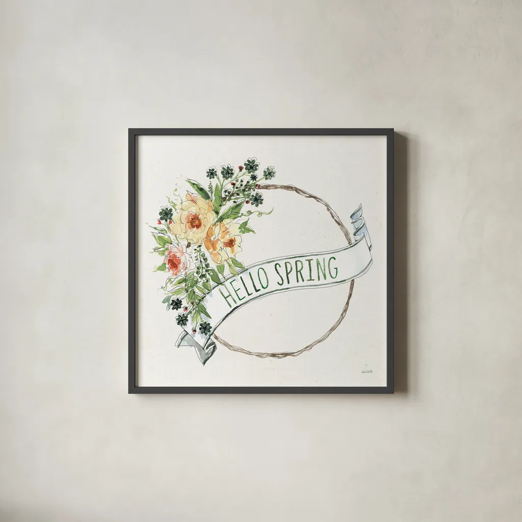 Hello Spring Wreath by Anne Tavoletti. Shown in a sleek black glass frame for a contemporary gallery look. Available as an archival giclee rolled canvas, fine art paper, or poster print. SKU 70512a.