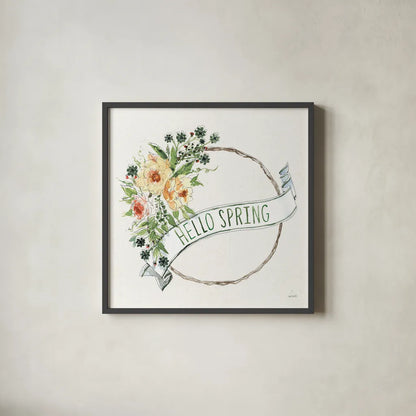 Hello Spring Wreath by Anne Tavoletti. Shown in a sleek black glass frame for a contemporary gallery look. Available as an archival giclee rolled canvas, fine art paper, or poster print. SKU 70512a.