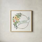 Hello Spring Wreath by Anne Tavoletti. Shown in a natural wood glass frame for a timeless modern aesthetic. Available as an archival giclee rolled canvas, fine art paper, or poster print. SKU 70512a.