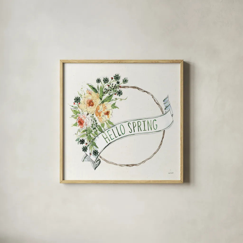 Hello Spring Wreath by Anne Tavoletti. Shown in a natural wood glass frame for a timeless modern aesthetic. Available as an archival giclee rolled canvas, fine art paper, or poster print. SKU 70512a.