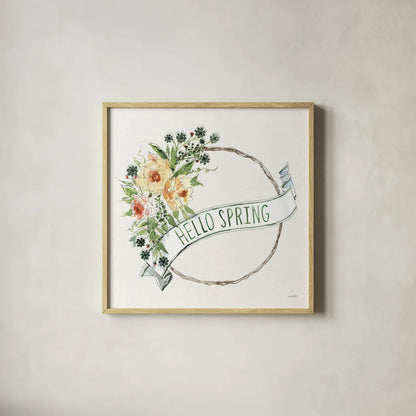 Hello Spring Wreath by Anne Tavoletti. Shown in a natural wood glass frame for a timeless modern aesthetic. Available as an archival giclee rolled canvas, fine art paper, or poster print. SKU 70512a.