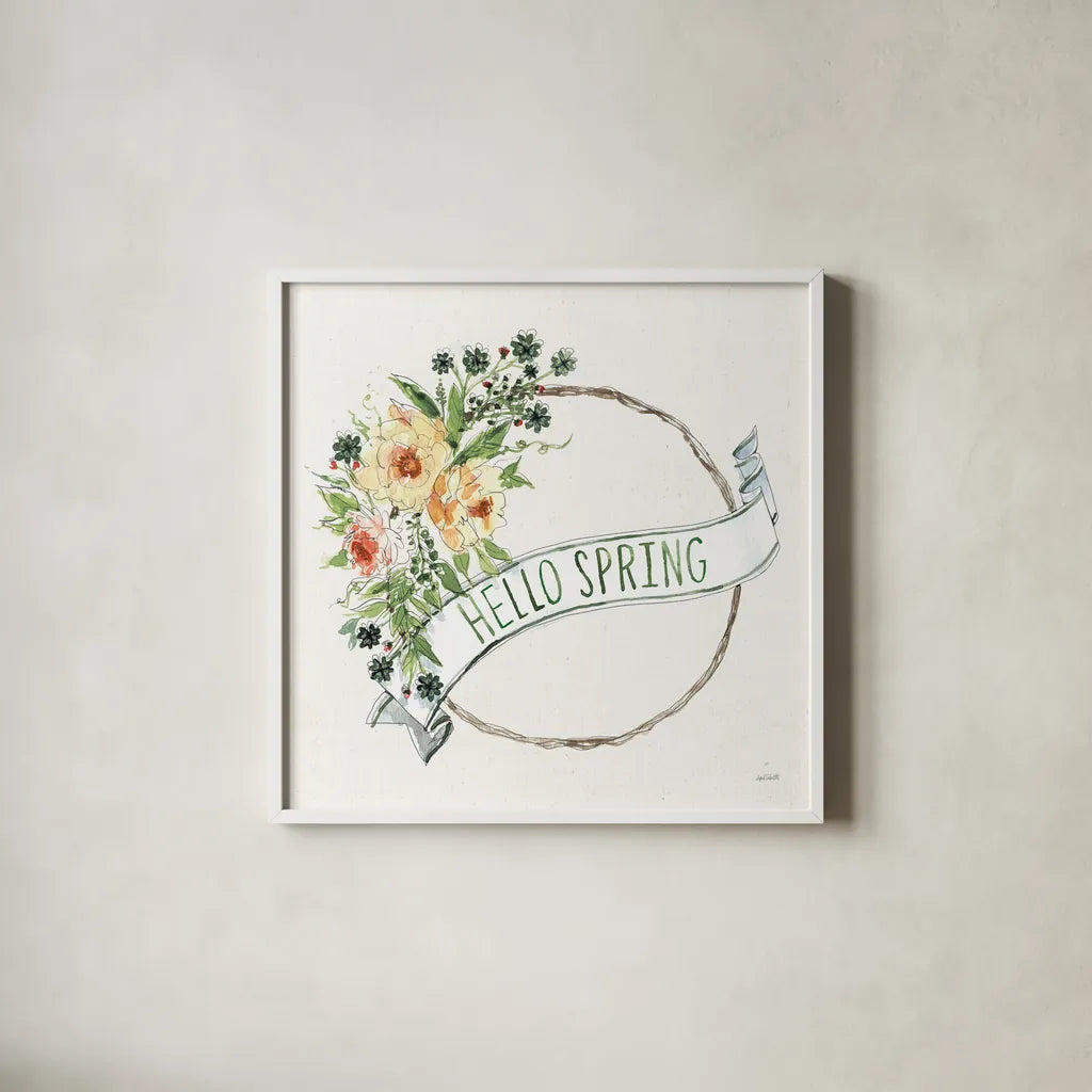 Hello Spring Wreath by Anne Tavoletti. Shown in a crisp white glass frame for a clean and minimalist style. Available as an archival giclee rolled canvas, fine art paper, or poster print. SKU 70512a.