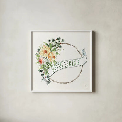 Hello Spring Wreath by Anne Tavoletti. Shown in a crisp white glass frame for a clean and minimalist style. Available as an archival giclee rolled canvas, fine art paper, or poster print. SKU 70512a.