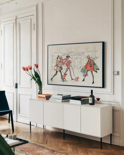 Holiday Fashionistas I by Anne Tavoletti. shown as a framed stretched canvas in a living room above a console. Available as a archival giclee rolled canvas, fine art paper, or poster print. SKU 83920i.