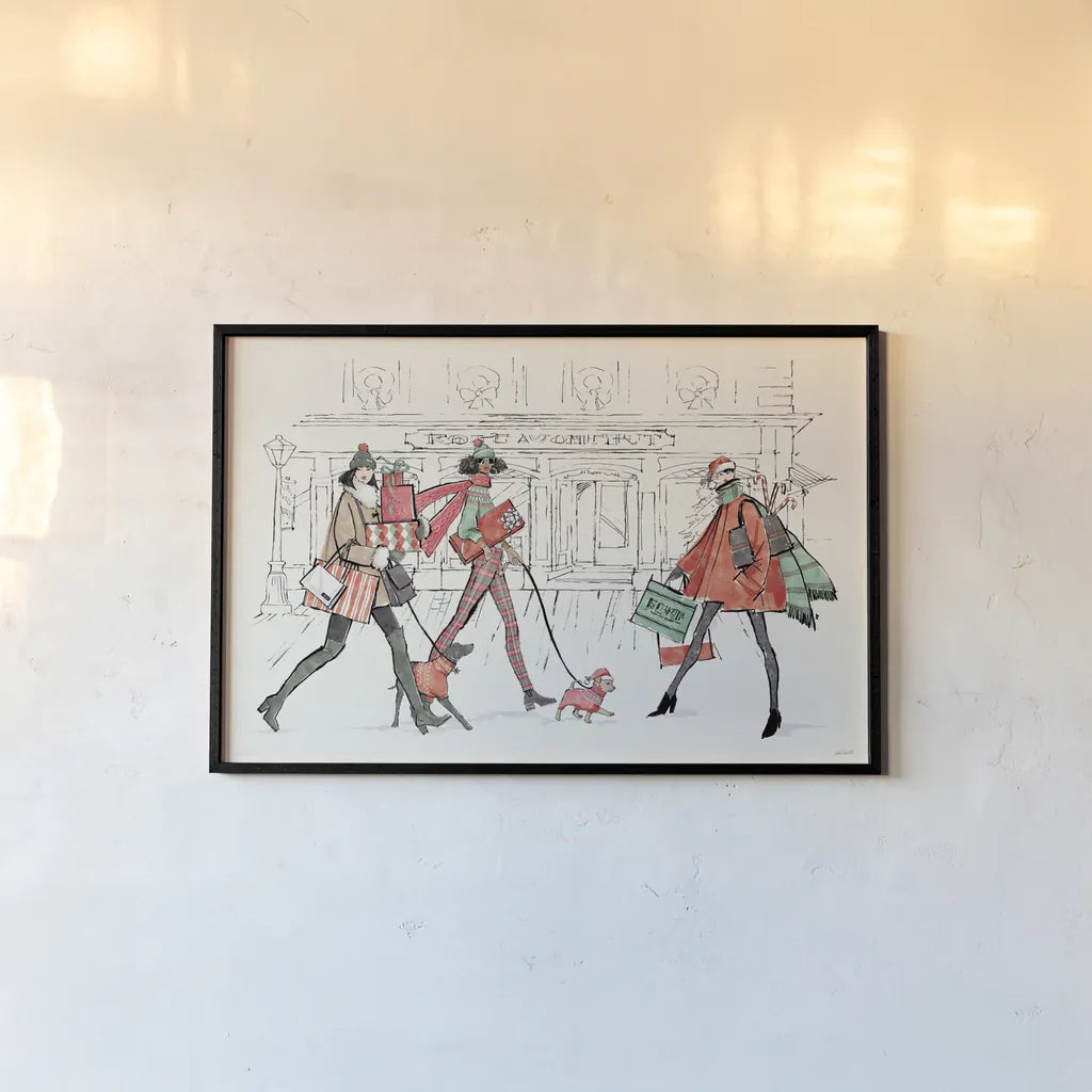 Holiday Fashionistas I by Anne Tavoletti. shown as a paper print in a black flame. Available as a archival giclee rolled canvas, fine art paper, or poster print. SKU 83920i.