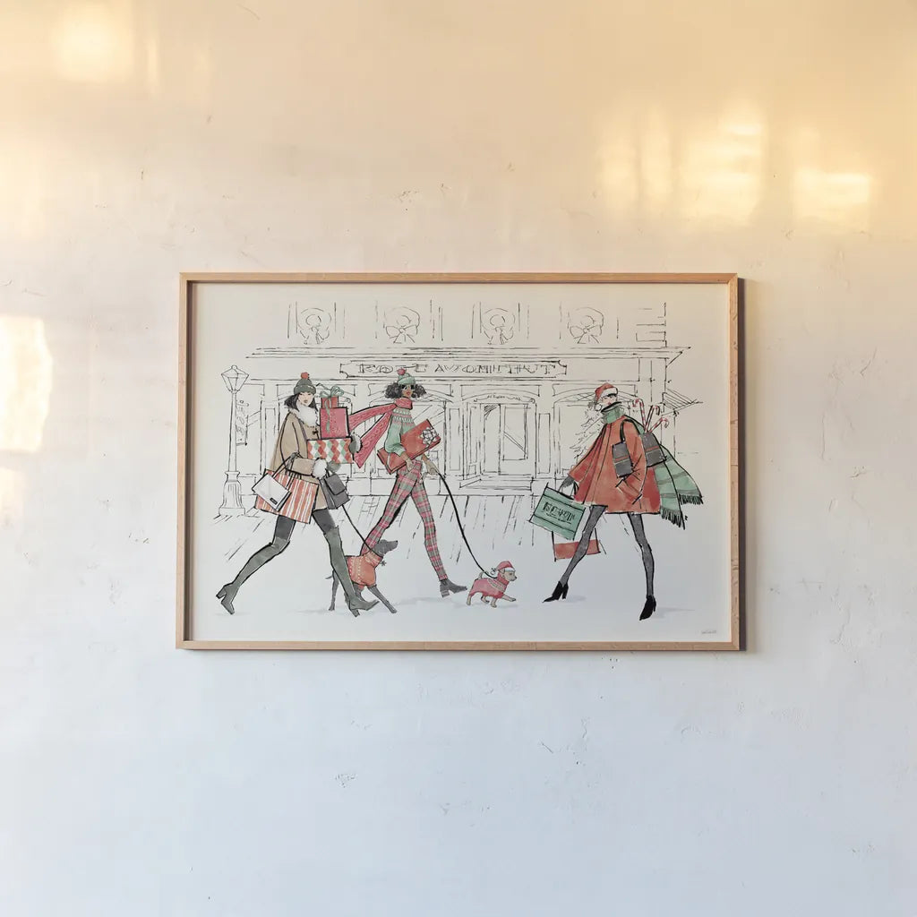 Holiday Fashionistas I by Anne Tavoletti. shown as a paper print in a natural frame. Available as a archival giclee rolled canvas, fine art paper, or poster print. SKU 83920i.