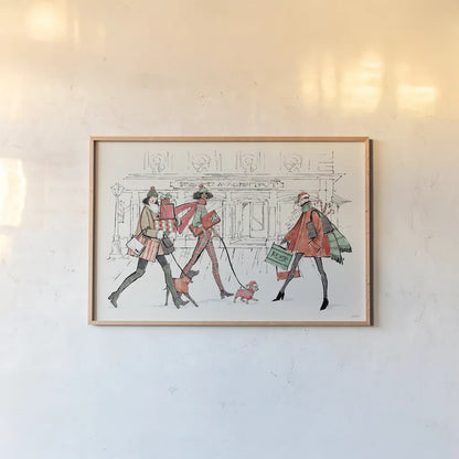 Holiday Fashionistas I by Anne Tavoletti. shown as a paper print in a natural frame. Available as a archival giclee rolled canvas, fine art paper, or poster print. SKU 83920i.