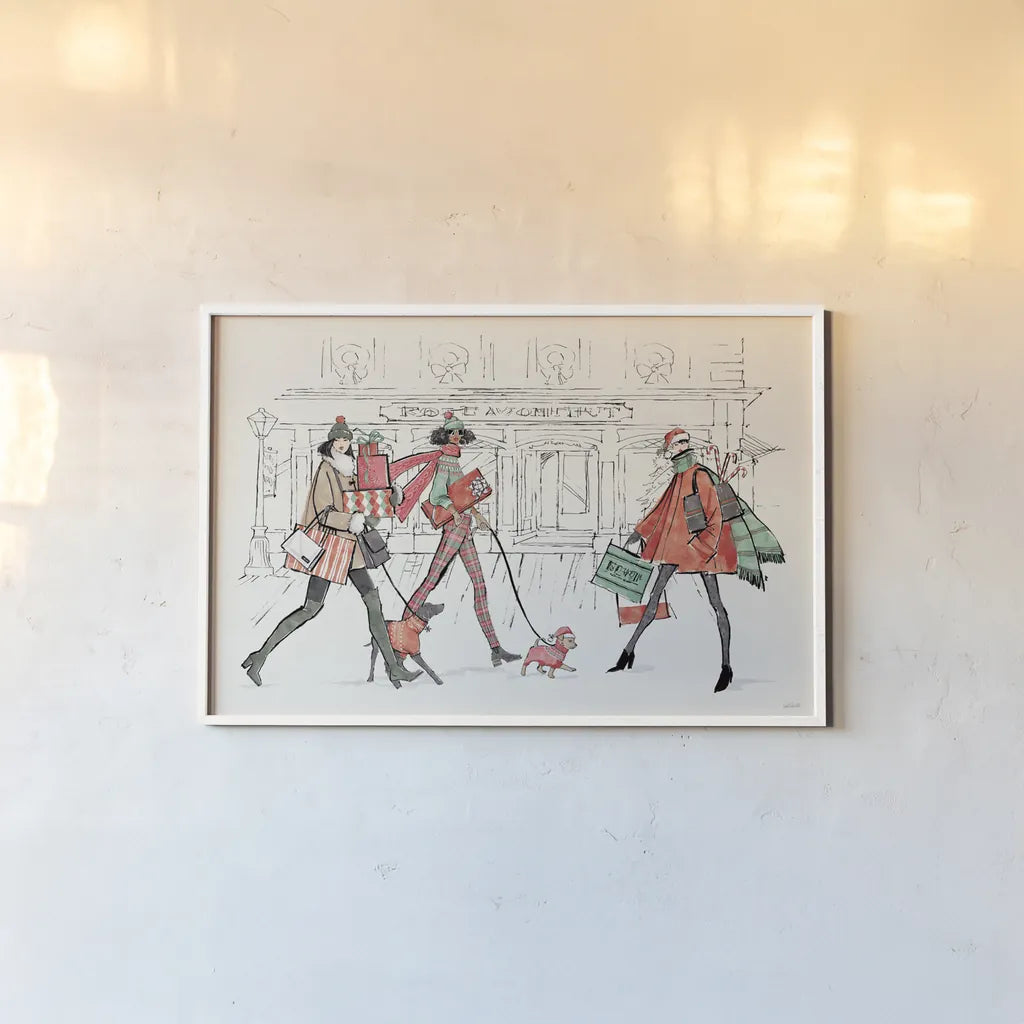 Holiday Fashionistas I by Anne Tavoletti. shown as a paper print in a white frame. Available as a archival giclee rolled canvas, fine art paper, or poster print. SKU 83920i.