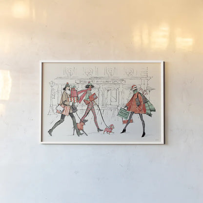 Holiday Fashionistas I by Anne Tavoletti. shown as a paper print in a white frame. Available as a archival giclee rolled canvas, fine art paper, or poster print. SKU 83920i.