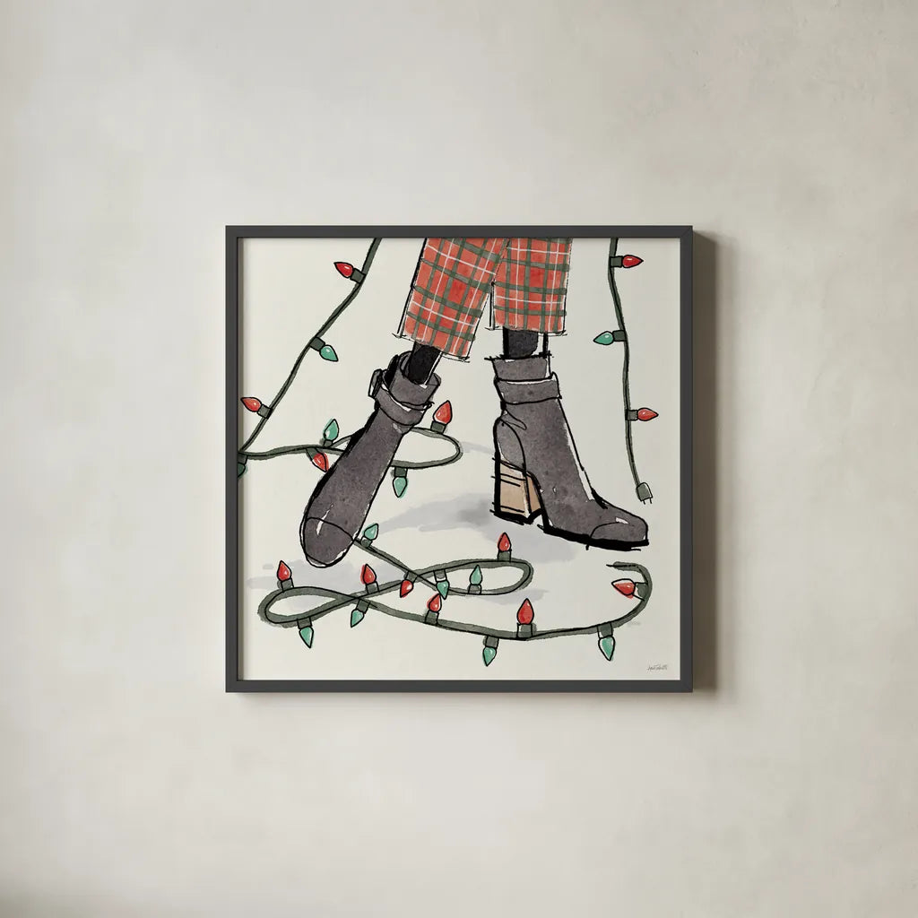 Holiday Fashionistas VI by Anne Tavoletti. Shown in a sleek black glass frame for a contemporary gallery look. Available as an archival giclee rolled canvas, fine art paper, or poster print. SKU 83925a.