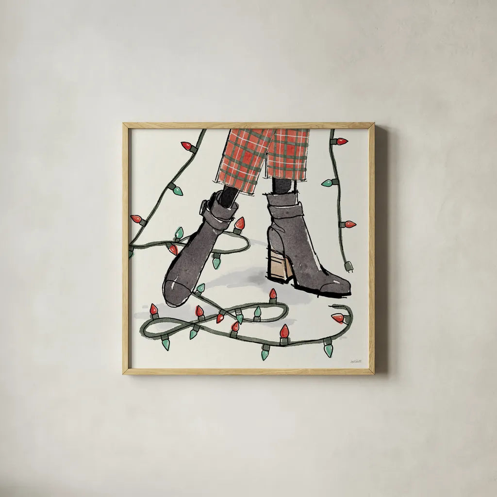 Holiday Fashionistas VI by Anne Tavoletti. Shown in a natural wood glass frame for a timeless modern aesthetic. Available as an archival giclee rolled canvas, fine art paper, or poster print. SKU 83925a.
