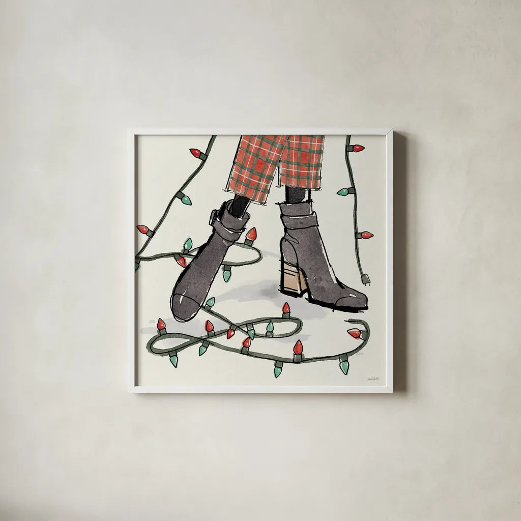 Holiday Fashionistas VI by Anne Tavoletti. Shown in a crisp white glass frame for a clean and minimalist style. Available as an archival giclee rolled canvas, fine art paper, or poster print. SKU 83925a.