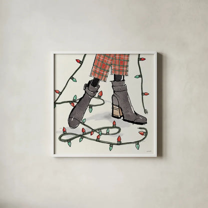 Holiday Fashionistas VI by Anne Tavoletti. Shown in a crisp white glass frame for a clean and minimalist style. Available as an archival giclee rolled canvas, fine art paper, or poster print. SKU 83925a.