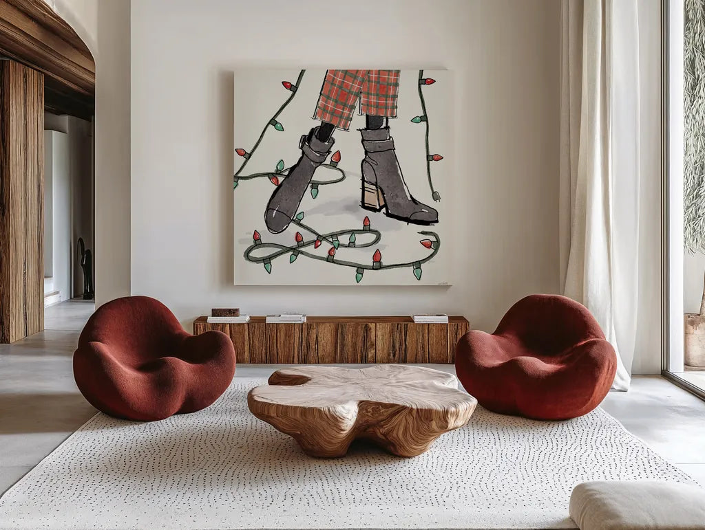 Holiday Fashionistas VI by Anne Tavoletti. Shown as extra-large giant wall art in a modern living room. Available as an archival giclee rolled canvas, fine art paper, or poster print. SKU 83925a.