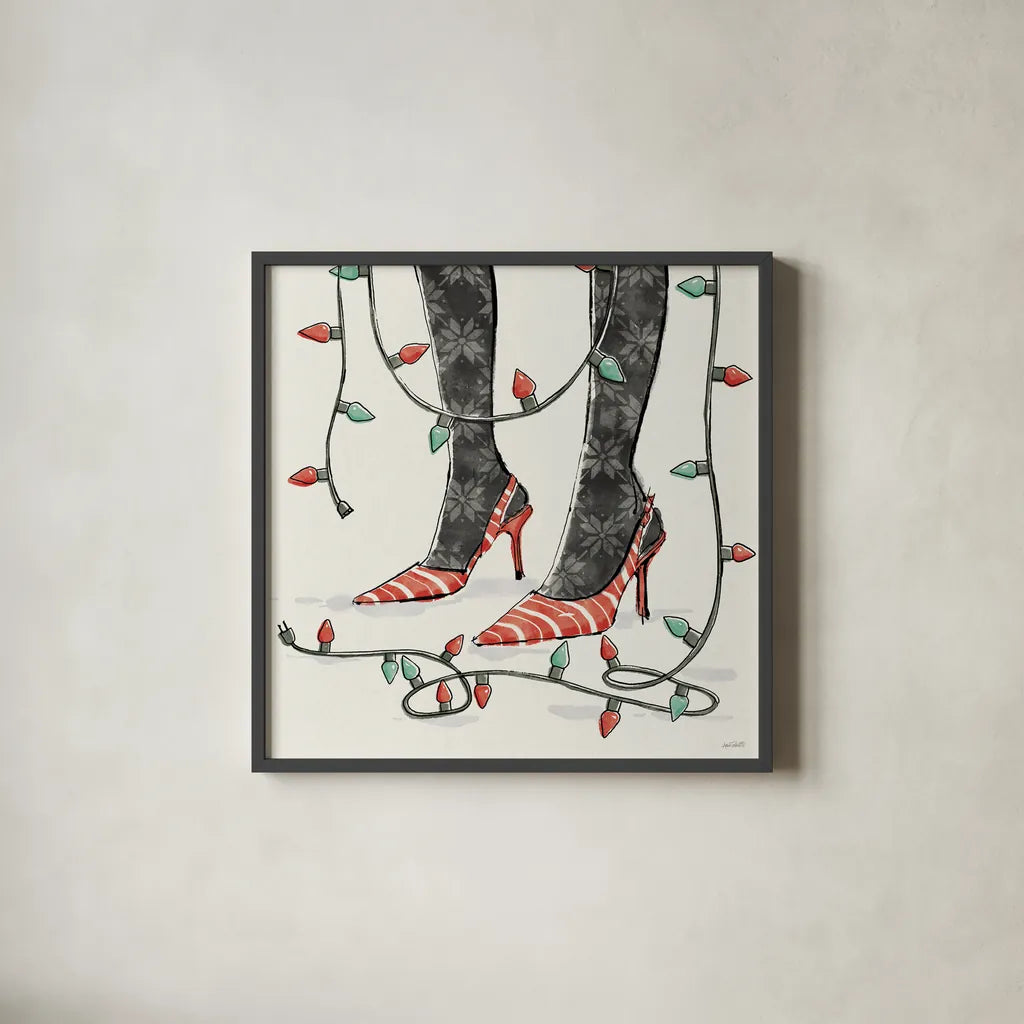 Holiday Fashionistas VII by Anne Tavoletti. Shown in a sleek black glass frame for a contemporary gallery look. Available as an archival giclee rolled canvas, fine art paper, or poster print. SKU 83926a.