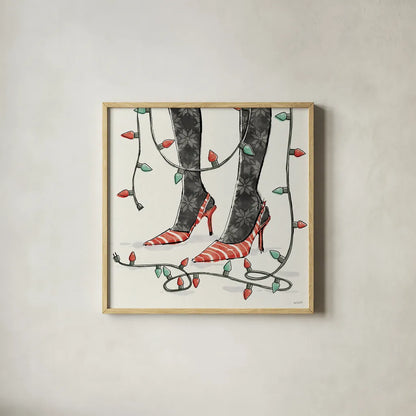 Holiday Fashionistas VII by Anne Tavoletti. Shown in a natural wood glass frame for a timeless modern aesthetic. Available as an archival giclee rolled canvas, fine art paper, or poster print. SKU 83926a.