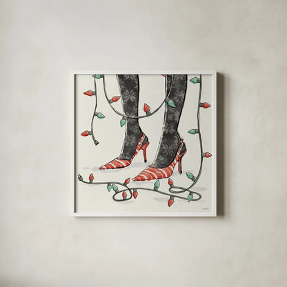 Holiday Fashionistas VII by Anne Tavoletti. Shown in a crisp white glass frame for a clean and minimalist style. Available as an archival giclee rolled canvas, fine art paper, or poster print. SKU 83926a.