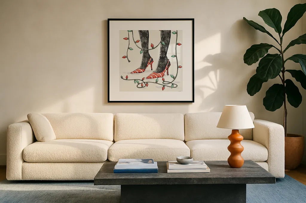 Holiday Fashionistas VII by Anne Tavoletti. Displayed in a glass frame with matte in a clean modern living room. Available as an archival giclee rolled canvas, fine art paper, or poster print. SKU 83926a.
