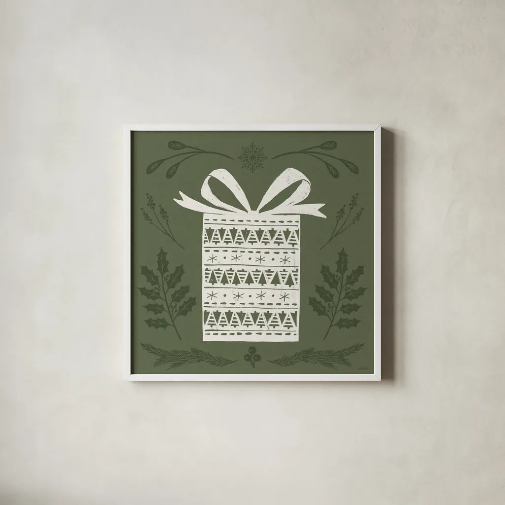 Holiday Form I by Anne Tavoletti. Shown in a crisp white glass frame for a clean and minimalist style. Available as an archival giclee rolled canvas, fine art paper, or poster print. SKU 95865a.