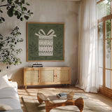 Holiday Form I by Anne Tavoletti. Shown in a natural wood frame in a cozy modern living room. Available as an archival giclee rolled canvas, fine art paper, or poster print. SKU 95865a.