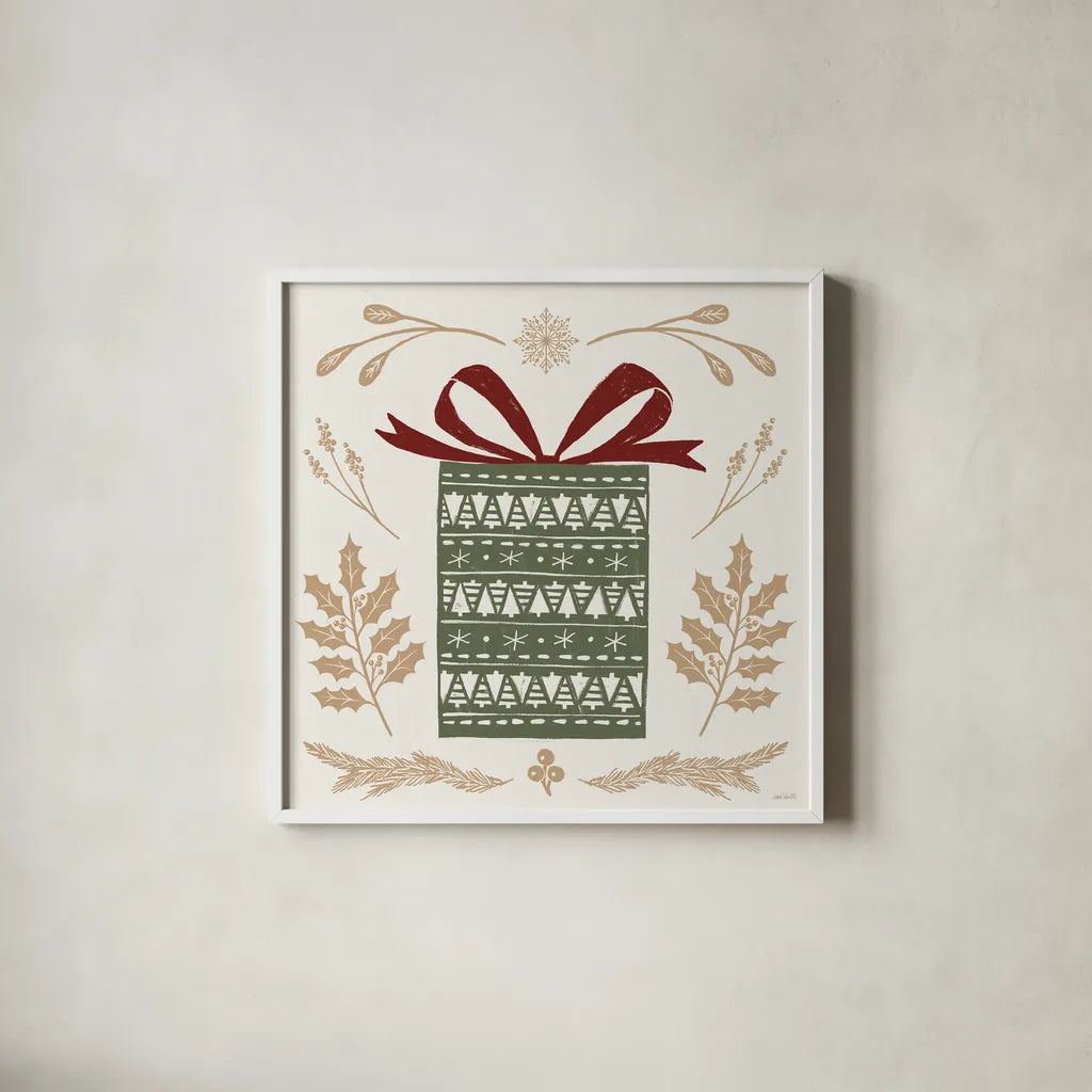 Holiday Form I Color by Anne Tavoletti. Shown in a crisp white glass frame for a clean and minimalist style. Available as an archival giclee rolled canvas, fine art paper, or poster print. SKU 95866a.