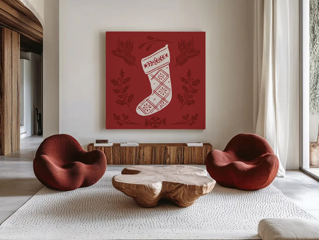 Holiday Form II by Anne Tavoletti. Shown as extra-large giant wall art in a modern living room. Available as an archival giclee rolled canvas, fine art paper, or poster print. SKU 95867a.