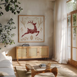 Holiday Form III Color by Anne Tavoletti. Shown in a natural wood frame in a cozy modern living room. Available as an archival giclee rolled canvas, fine art paper, or poster print. SKU 95870a.