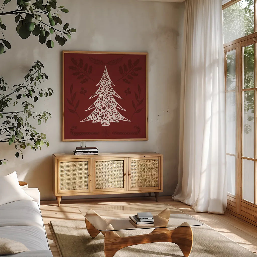 Holiday Form IX by Anne Tavoletti. Shown in a natural wood frame in a cozy modern living room. Available as an archival giclee rolled canvas, fine art paper, or poster print. SKU 95881a.