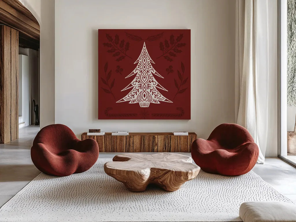 Holiday Form IX by Anne Tavoletti. Shown as extra-large giant wall art in a modern living room. Available as an archival giclee rolled canvas, fine art paper, or poster print. SKU 95881a.