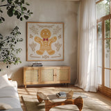 Holiday Form V Color by Anne Tavoletti. Shown in a natural wood frame in a cozy modern living room. Available as an archival giclee rolled canvas, fine art paper, or poster print. SKU 95874a.